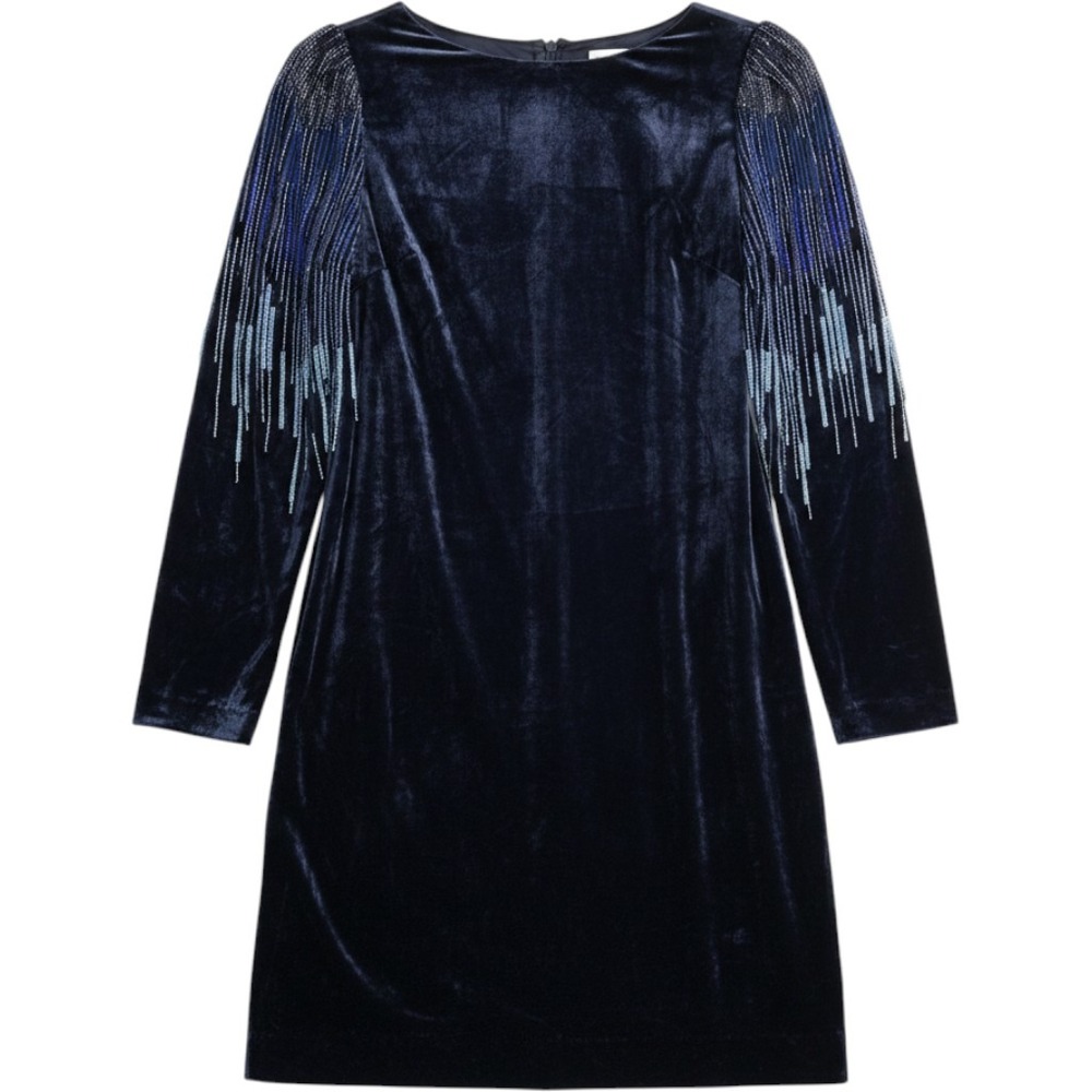 Elie Tahari Dress Women M Navy Silk Velvet Beaded Fringe Cocktail Art Deco Style